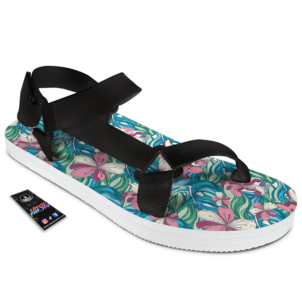 Tropical Blossom Teal Pink Print Pattern Black Open Toe Sandals-grizzshop