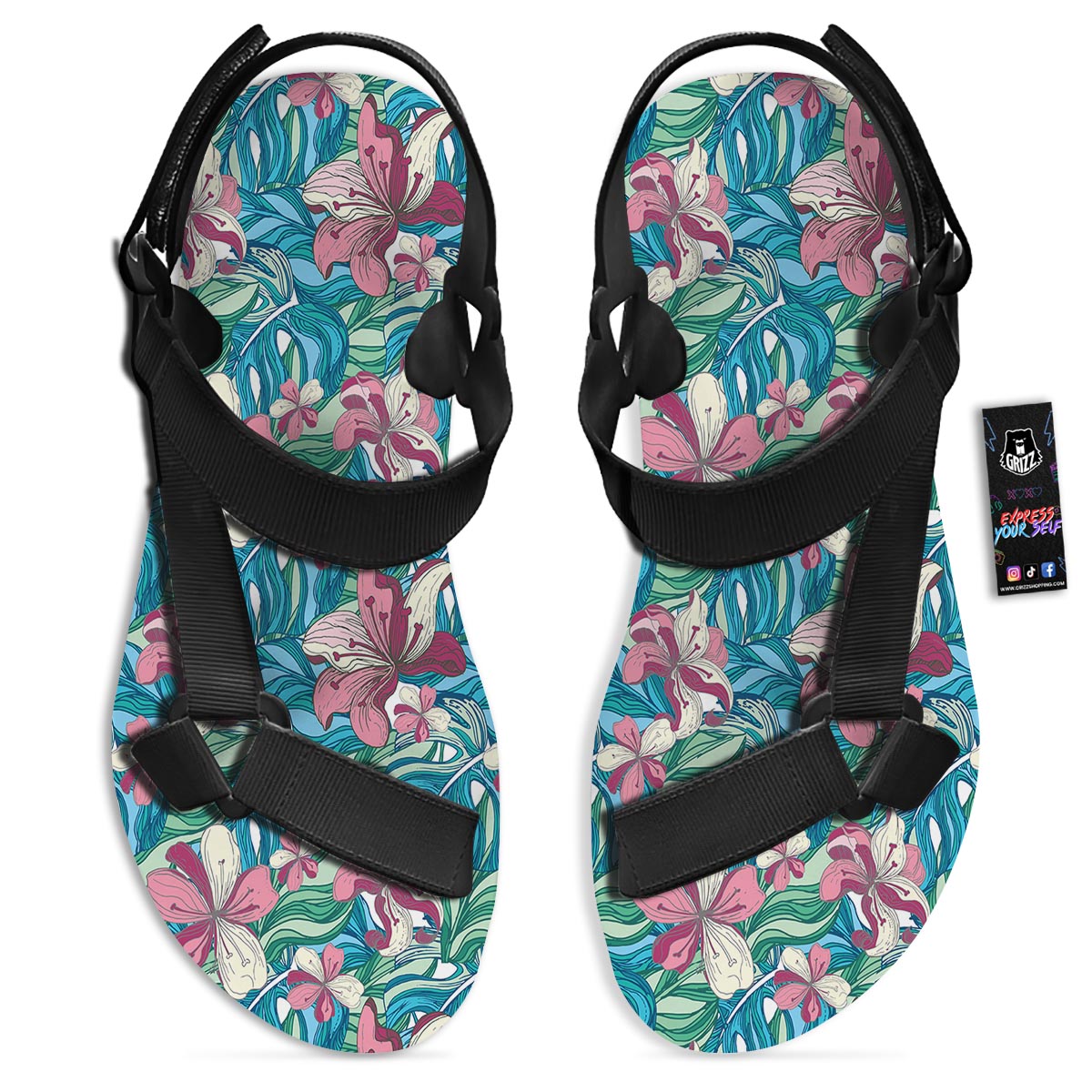 Tropical Blossom Teal Pink Print Pattern Black Open Toe Sandals-grizzshop