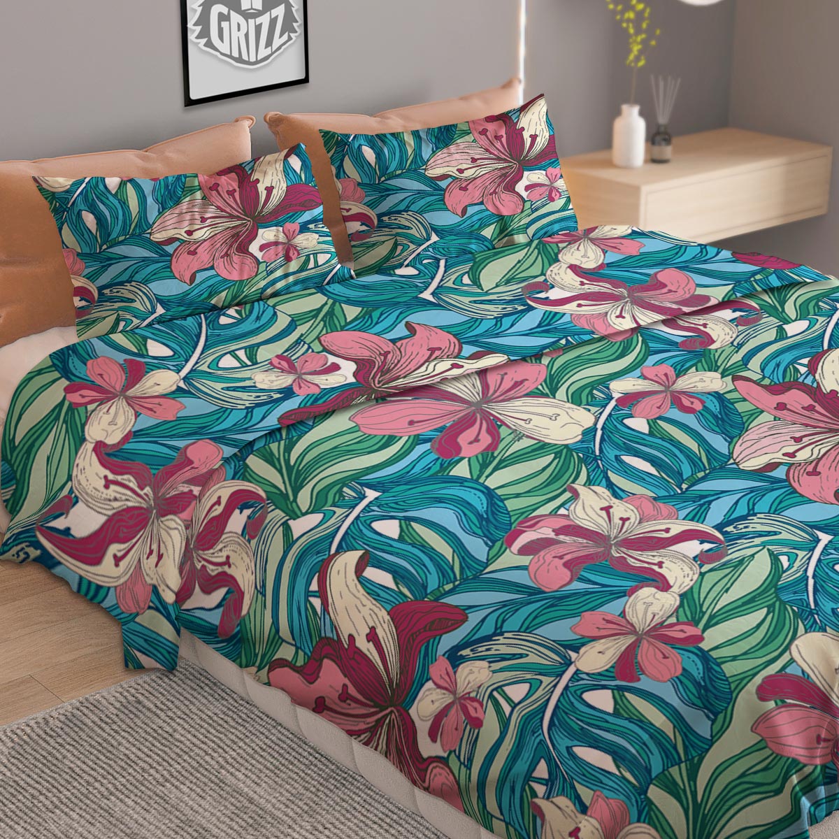 Tropical Blossom Teal Pink Print Pattern Duvet Cover Bedding Set-grizzshop