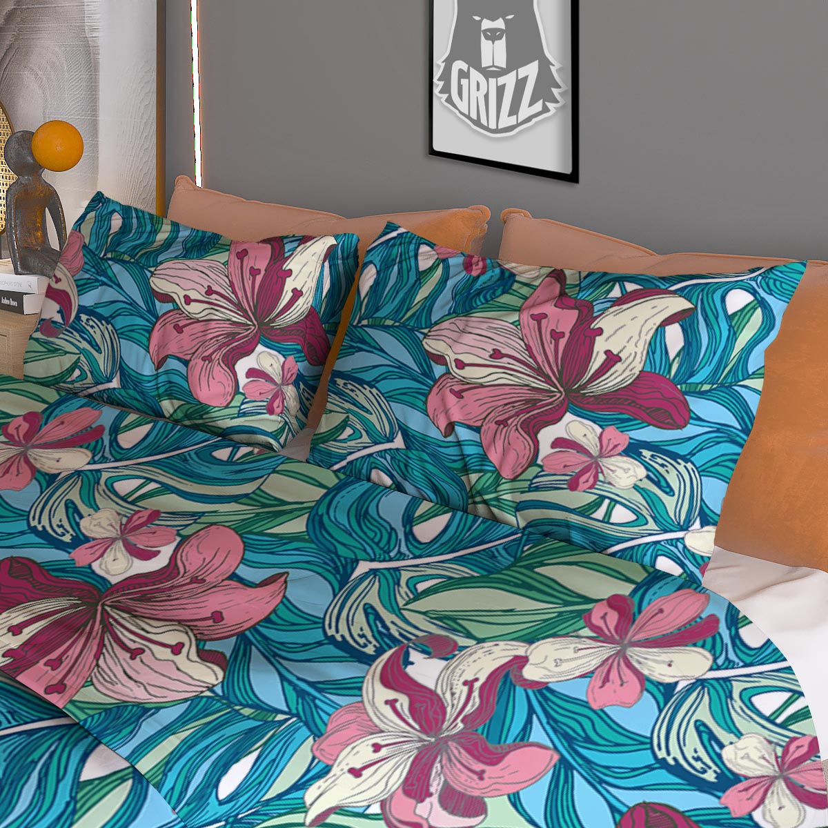 Tropical Blossom Teal Pink Print Pattern Duvet Cover Bedding Set