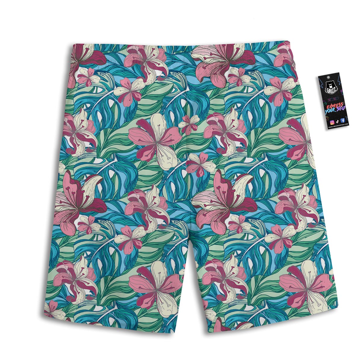 Tropical Blossom Teal Pink Print Pattern Men's Athletic Shorts-grizzshop