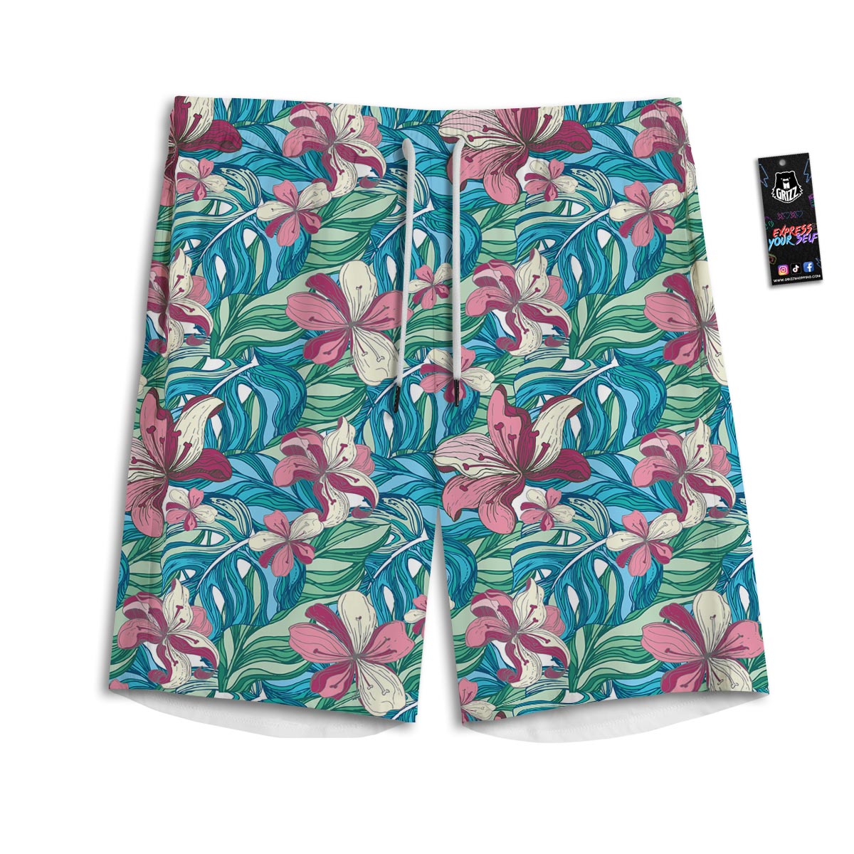 Tropical Blossom Teal Pink Print Pattern Men's Athletic Shorts-grizzshop