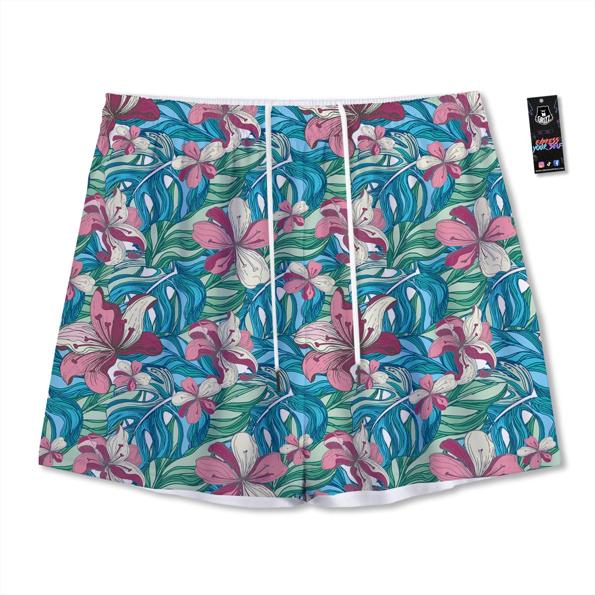 Tropical Blossom Teal Pink Print Pattern Mesh Shorts-grizzshop