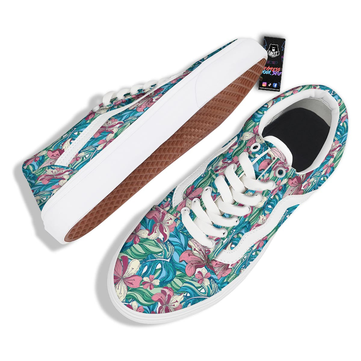 Tropical Blossom Teal Pink Print Pattern Skate Shoes-grizzshop