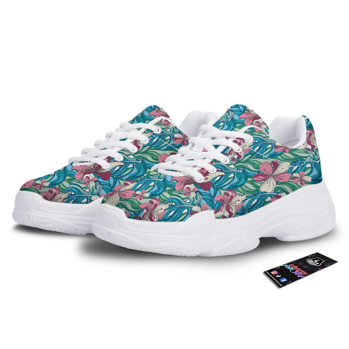 Tropical Blossom Teal Pink Print Pattern White Chunky Shoes-grizzshop