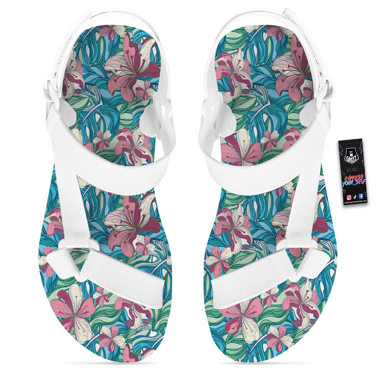 Tropical Blossom Teal Pink Print Pattern White Open Toe Sandals-grizzshop