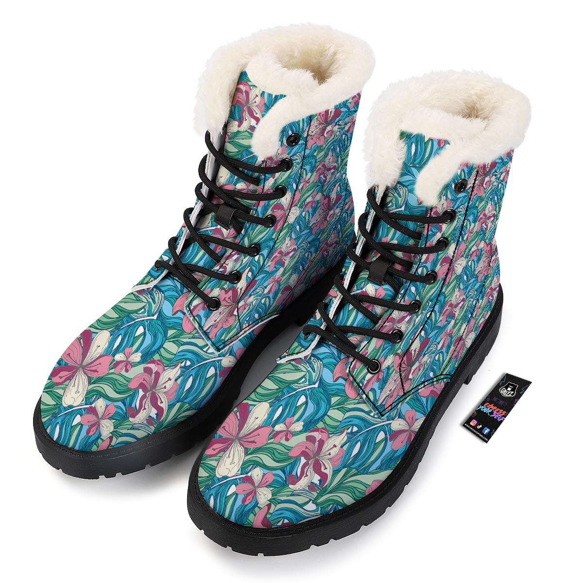 Tropical Blossom Teal Pink Print Pattern Winter Boots-grizzshop