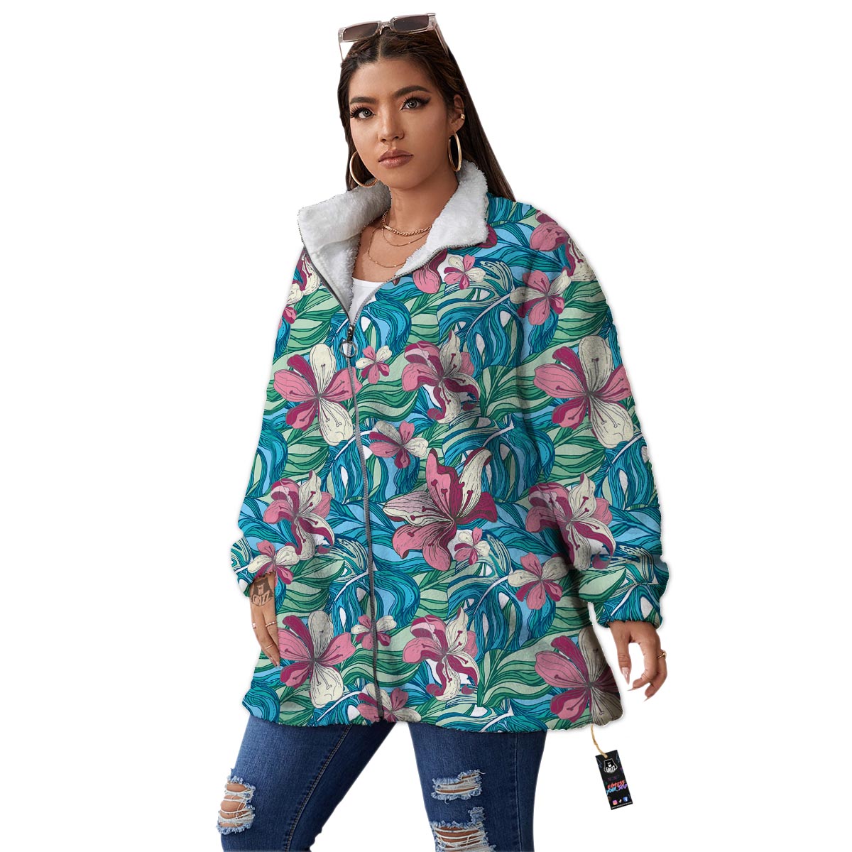 Tropical Blossom Teal Pink Print Pattern Women's Sherpa Jacket-grizzshop