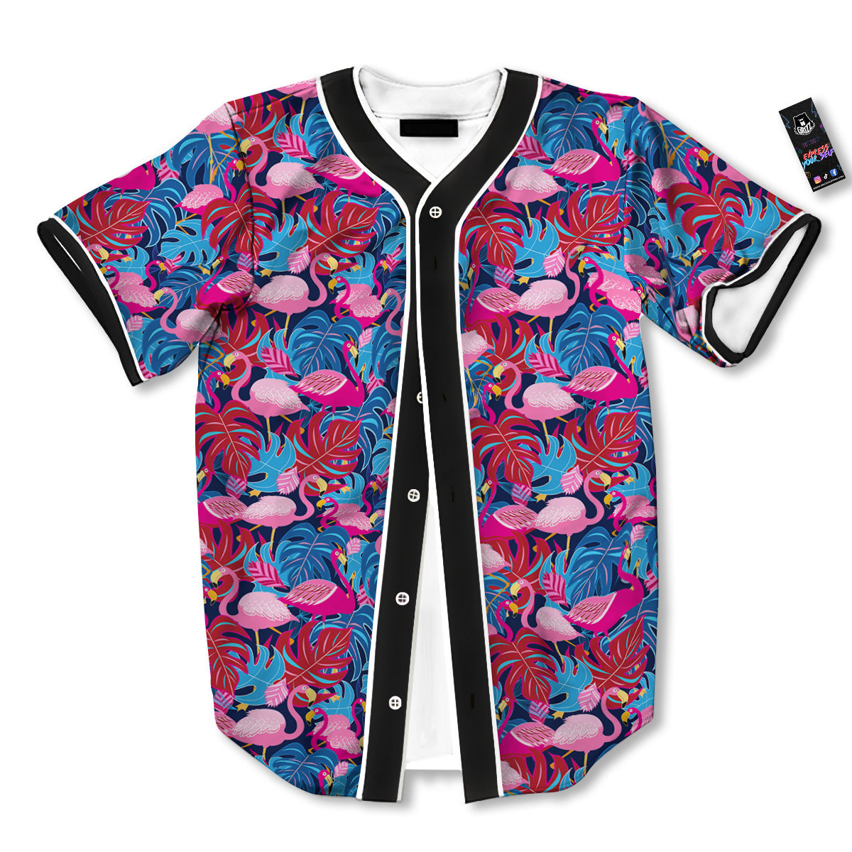 Tropical Blue And Pink Flamingo Print Baseball Jersey-grizzshop