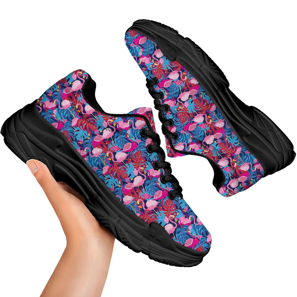 Tropical Blue And Pink Flamingo Print Black Chunky Shoes-grizzshop