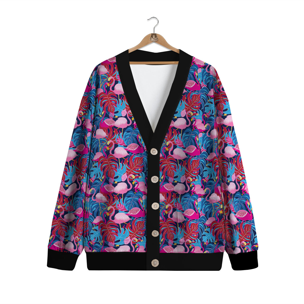 Tropical Blue And Pink Flamingo Print Cardigan-grizzshop