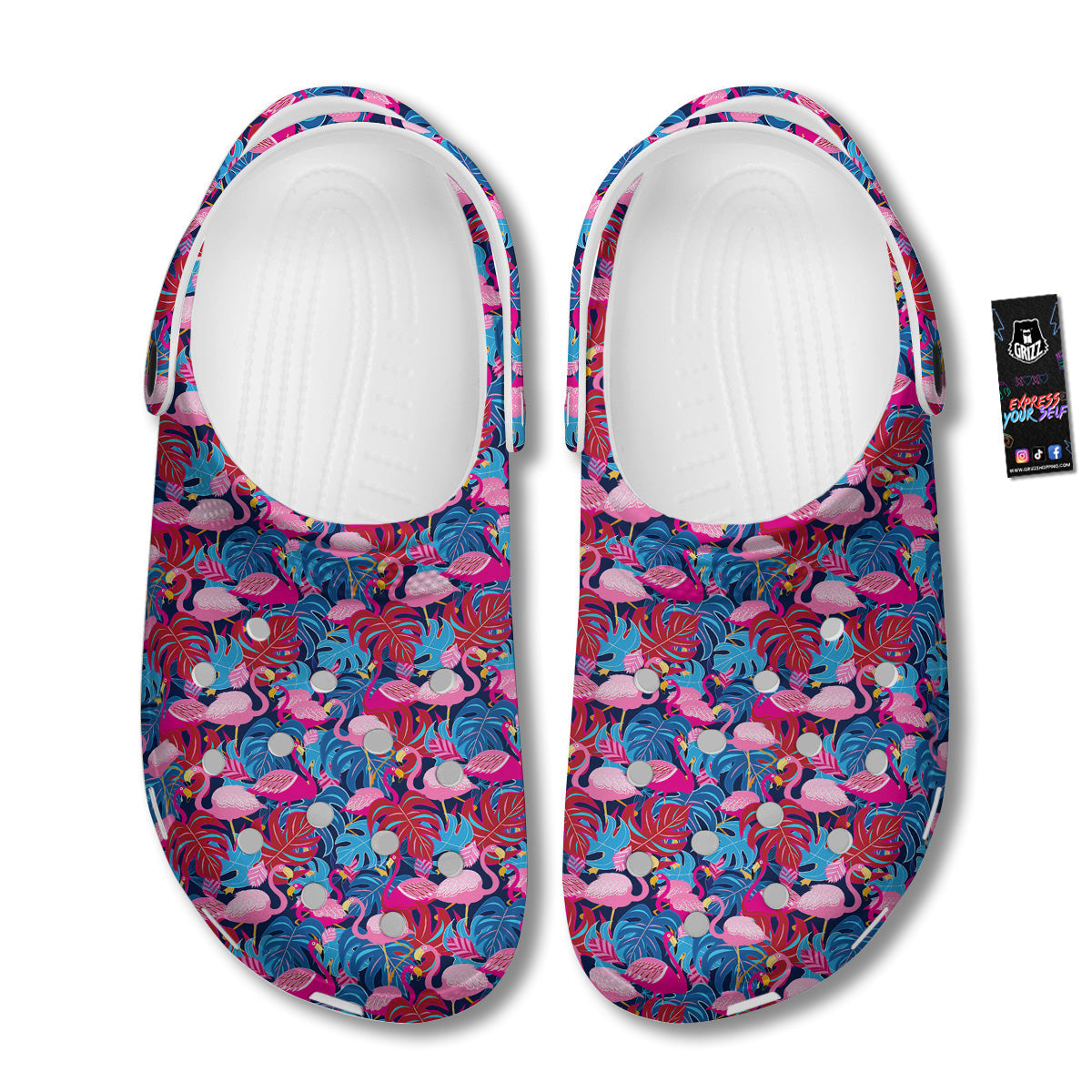 Tropical Blue And Pink Flamingo Print Clog-grizzshop