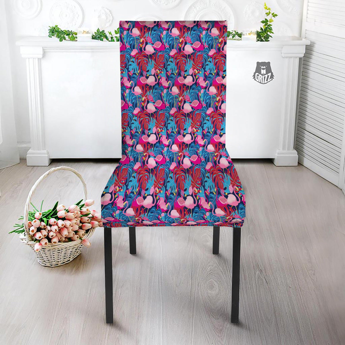 Tropical Blue And Pink Flamingo Print Dining Chair Slipcover-grizzshop