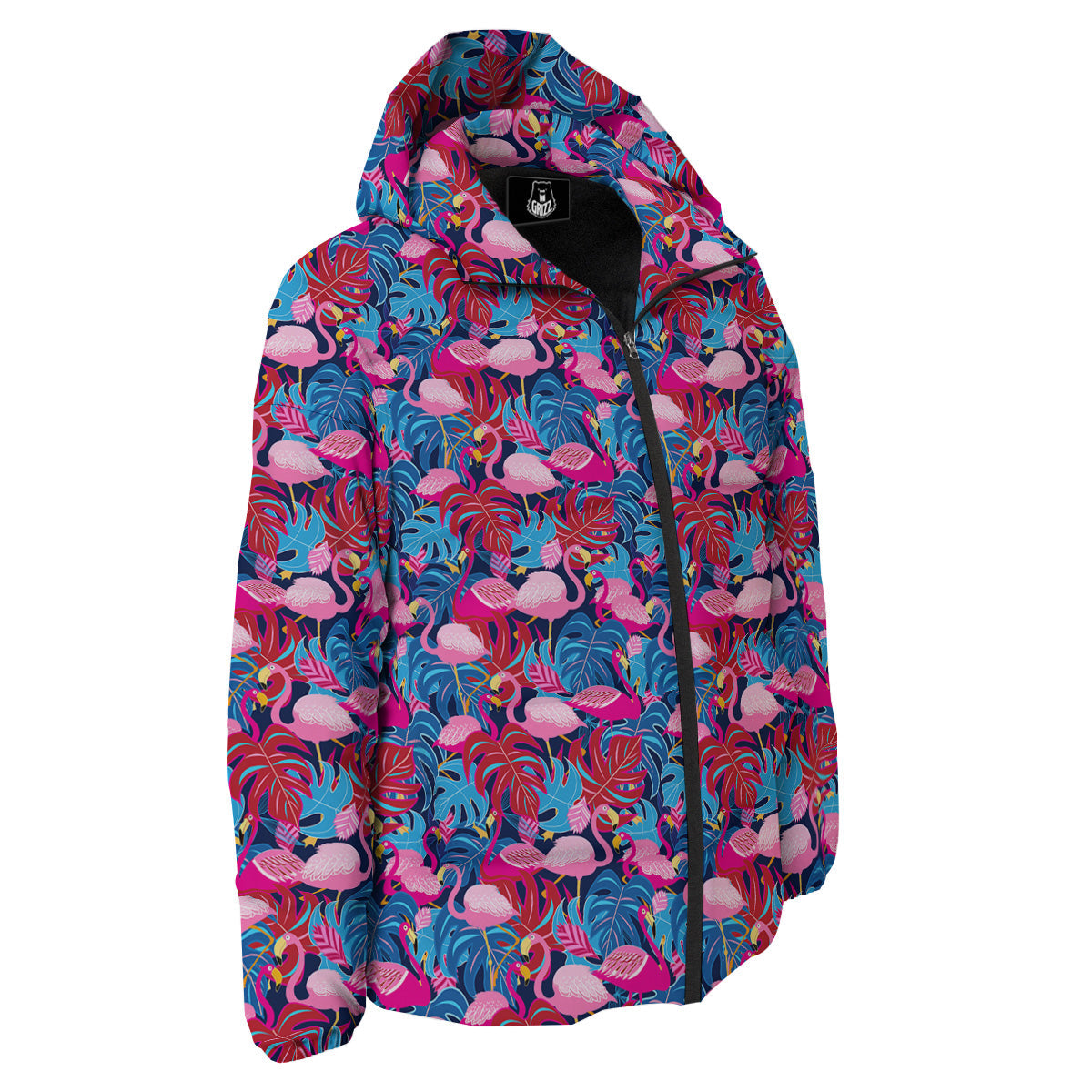 Tropical Blue And Pink Flamingo Print Down Jacket-grizzshop