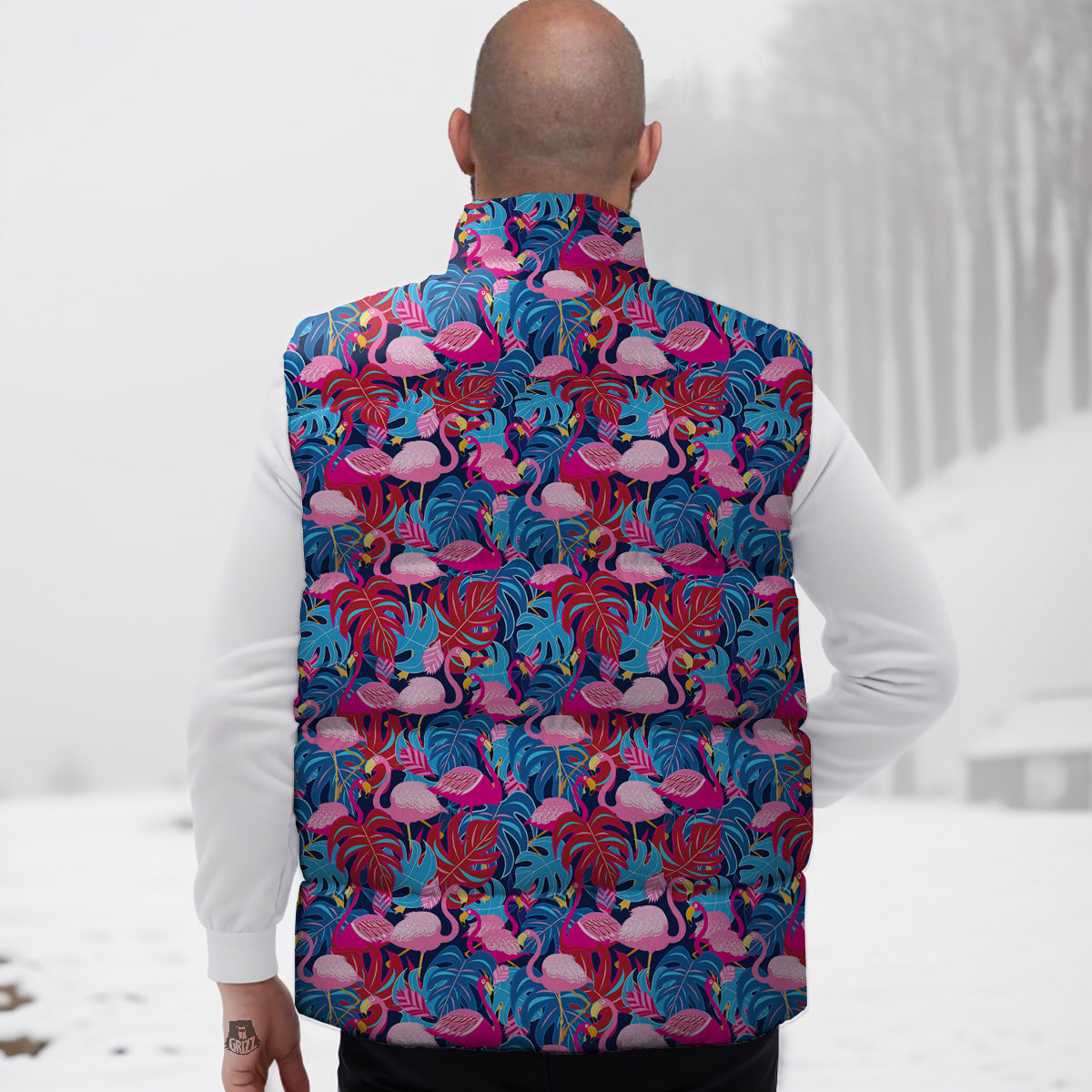 Tropical Blue And Pink Flamingo Print Down Vest-grizzshop