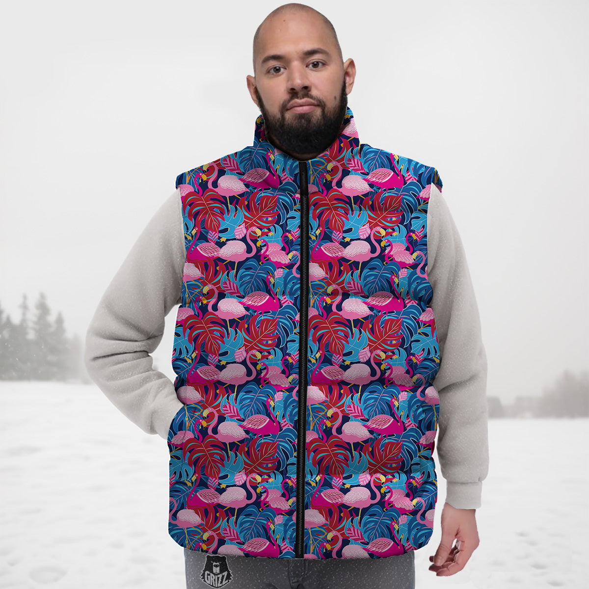 Tropical Blue And Pink Flamingo Print Down Vest-grizzshop