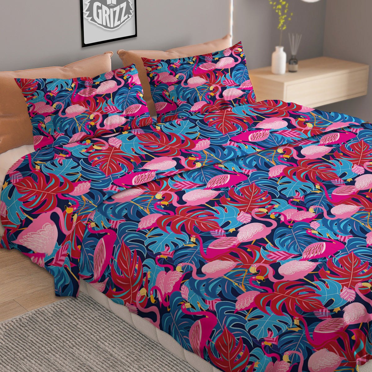 Tropical Blue And Pink Flamingo Print Duvet Cover Bedding Set-grizzshop