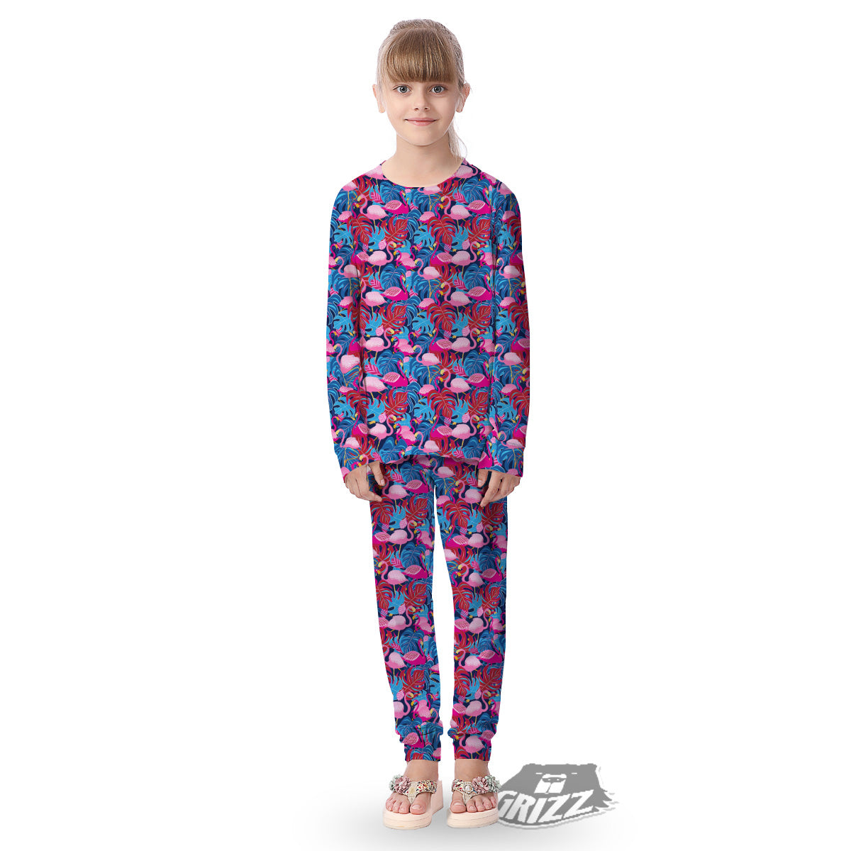 Tropical Blue And Pink Flamingo Print Kid's Pajamas-grizzshop