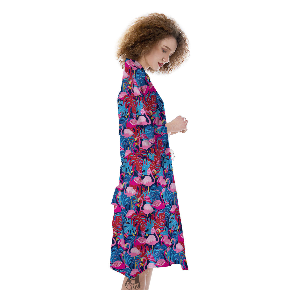 Tropical Blue And Pink Flamingo Print Kimono-grizzshop