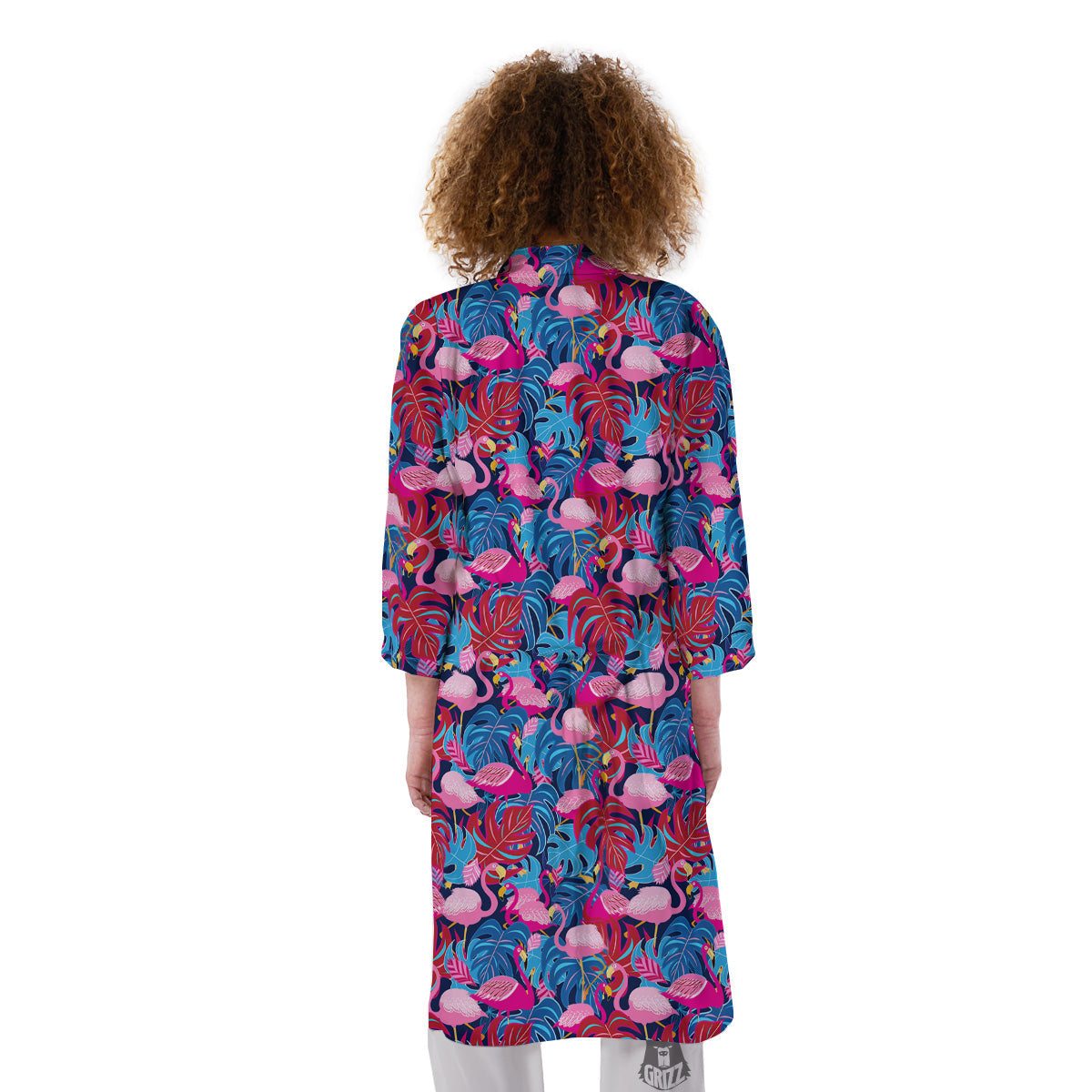 Tropical Blue And Pink Flamingo Print Kimono-grizzshop