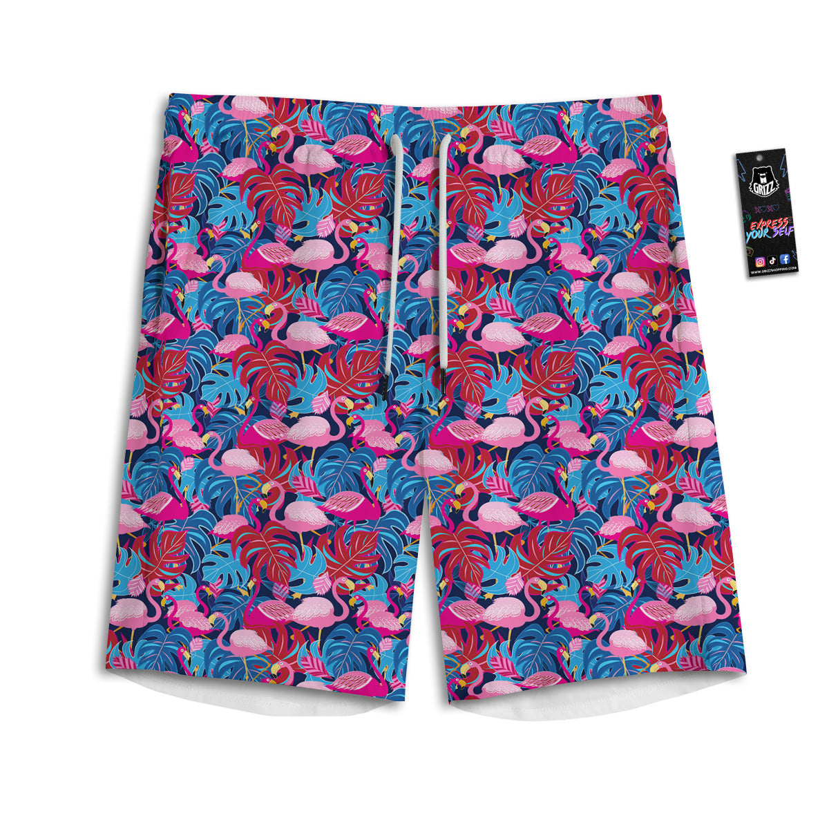 Tropical Blue And Pink Flamingo Print Men's Athletic Shorts