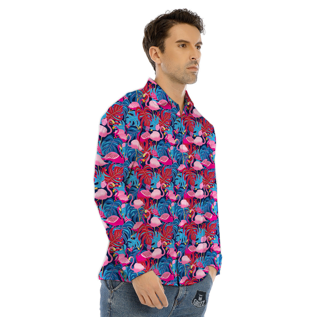 Tropical Blue And Pink Flamingo Print Men's Dress Shirts-grizzshop