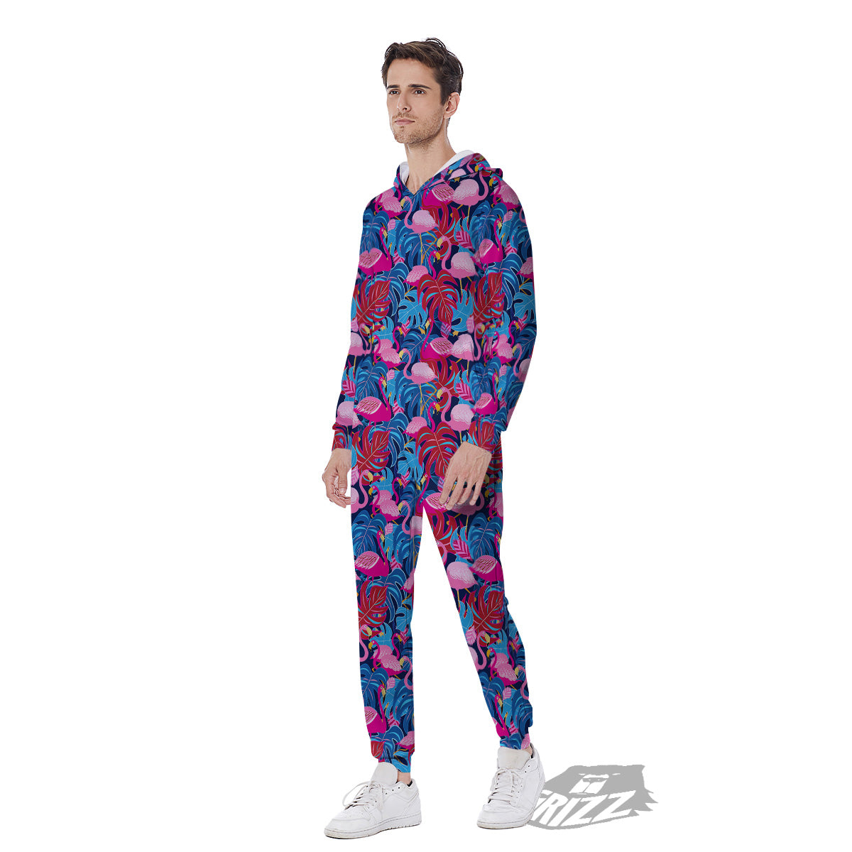 Tropical Blue And Pink Flamingo Print Men's Jumpsuit-grizzshop