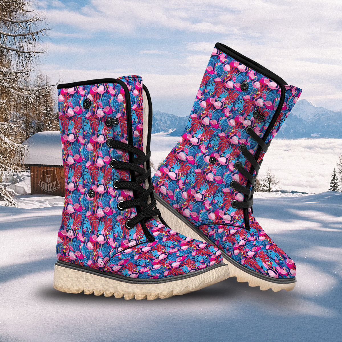 Tropical Blue And Pink Flamingo Print Snow Boots-grizzshop