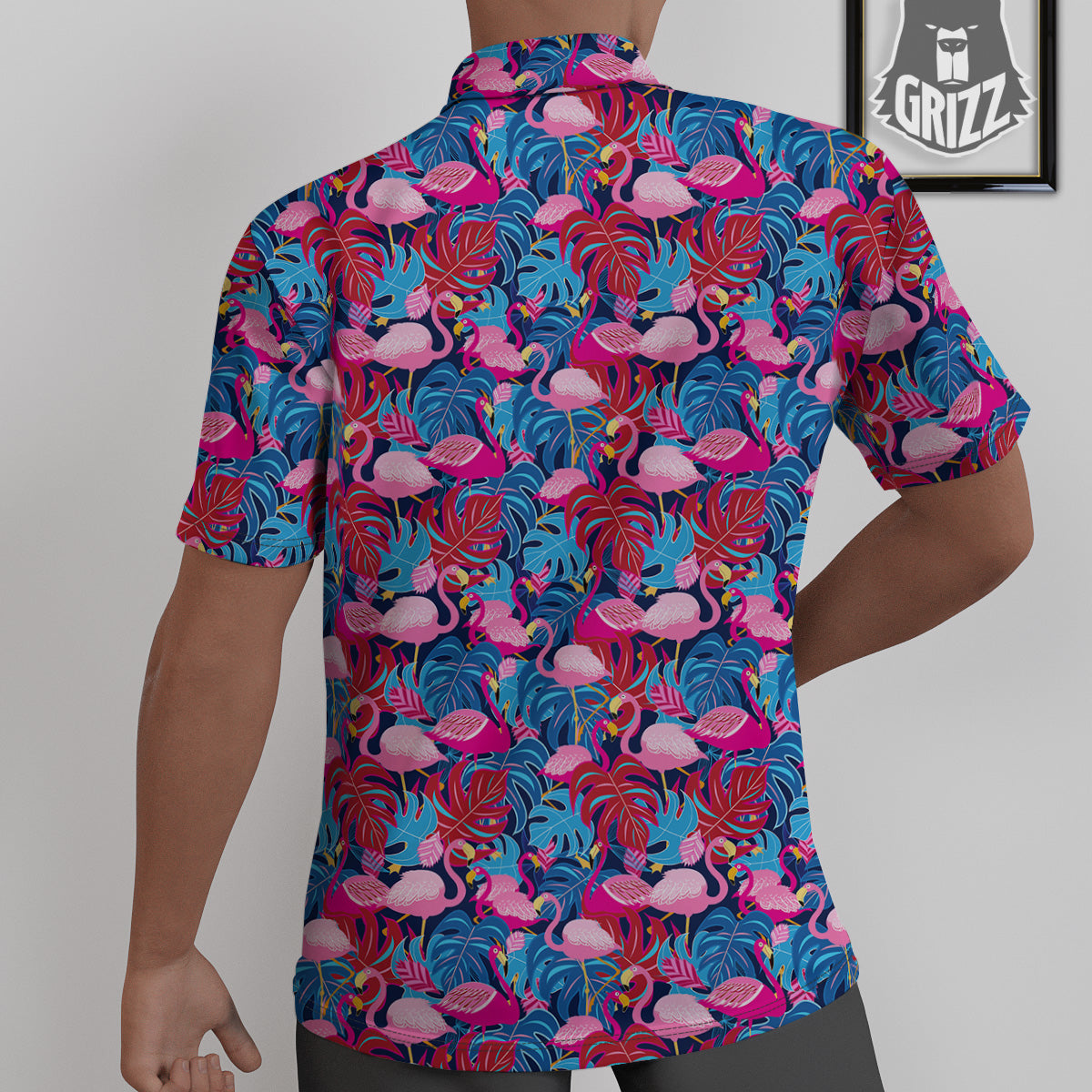Tropical Blue And Pink Flamingo Print Untucked Shirts-grizzshop
