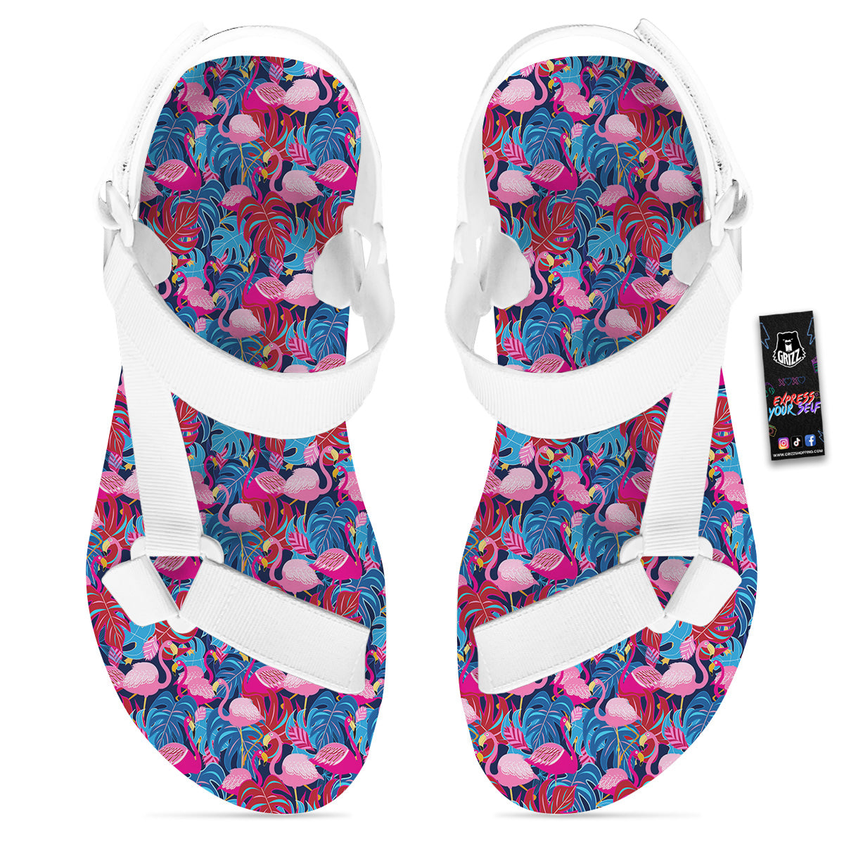 Tropical Blue And Pink Flamingo Print White Open Toe Sandals-grizzshop