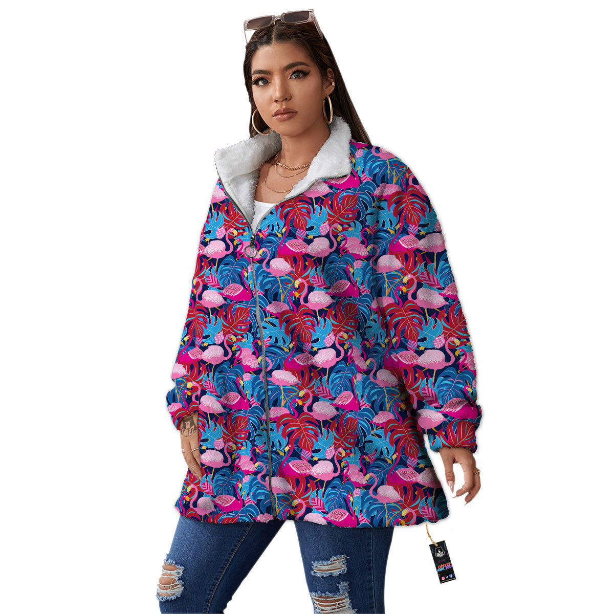Tropical Blue And Pink Flamingo Print Women's Sherpa Jacket-grizzshop
