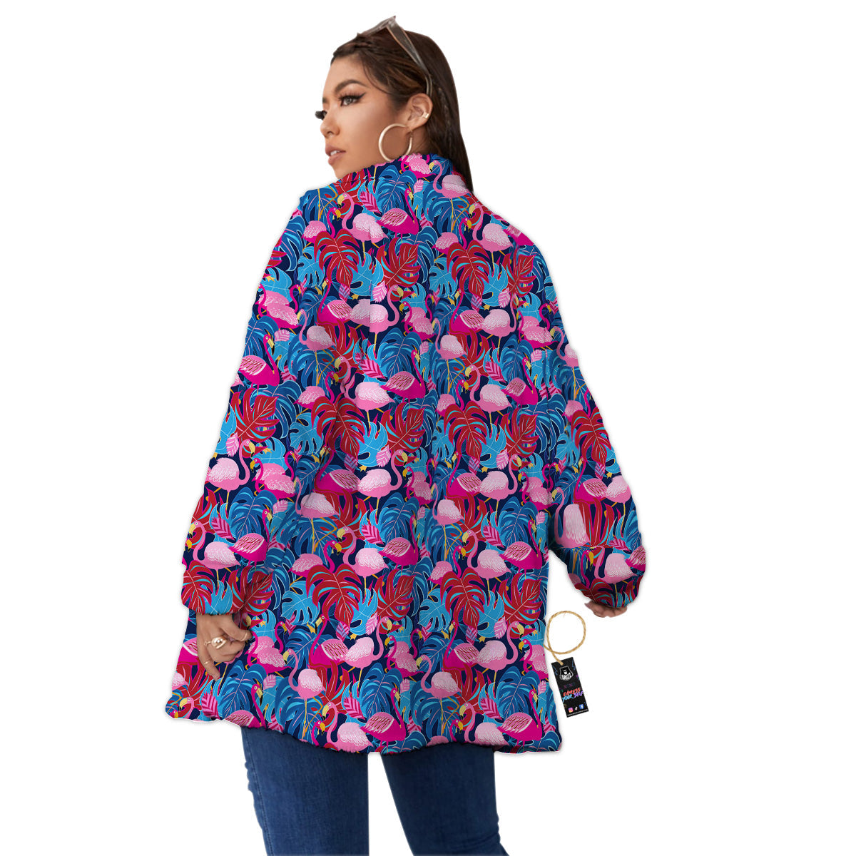 Tropical Blue And Pink Flamingo Print Women's Sherpa Jacket-grizzshop