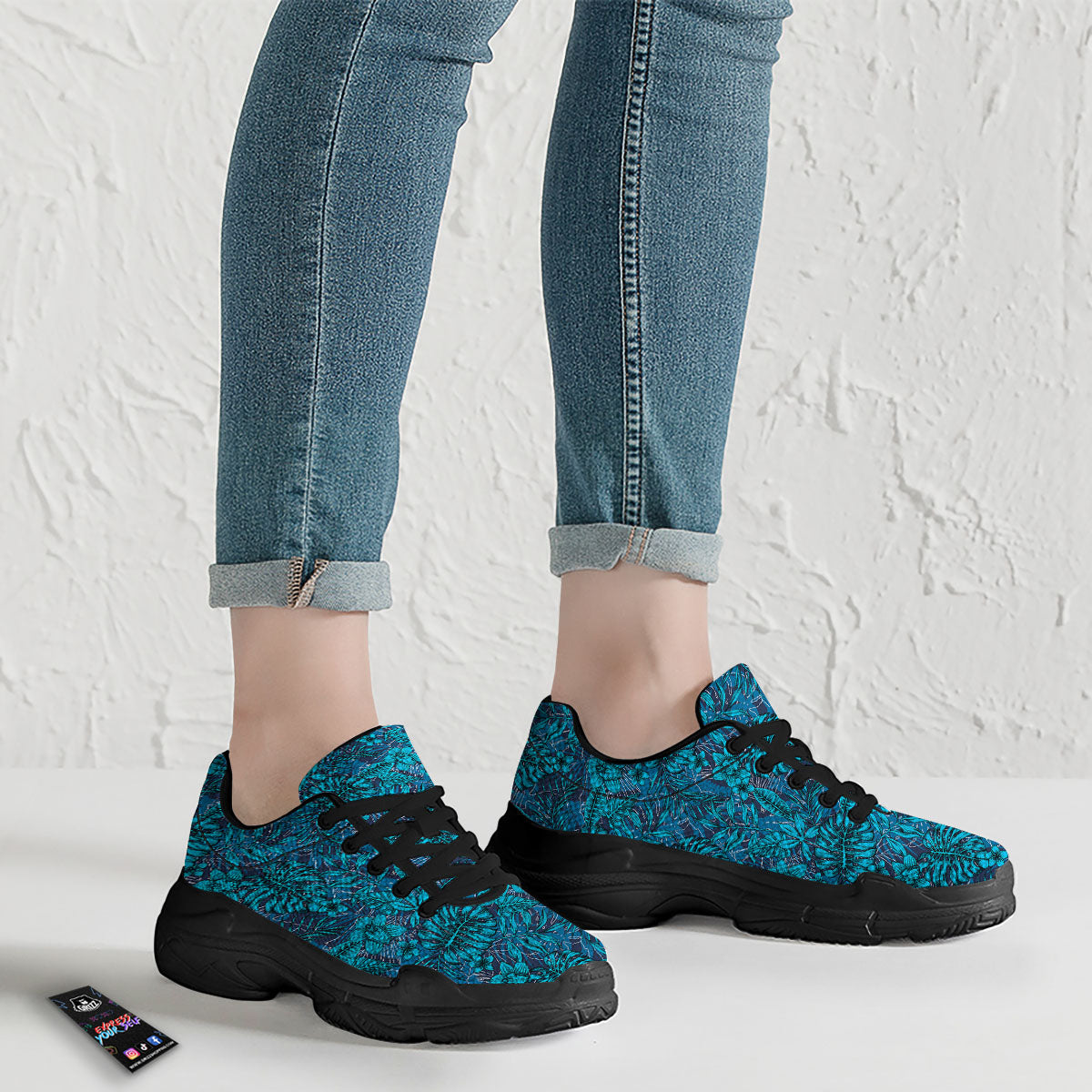 Tropical Blue Hawaiian Print Pattern Black Chunky Shoes-grizzshop