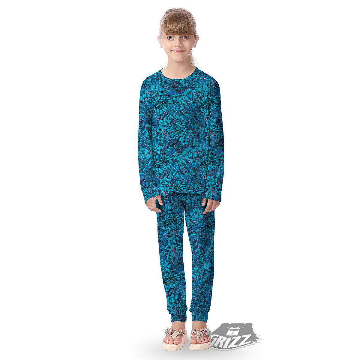 Tropical Blue Hawaiian Print Pattern Kid's Pajamas-grizzshop