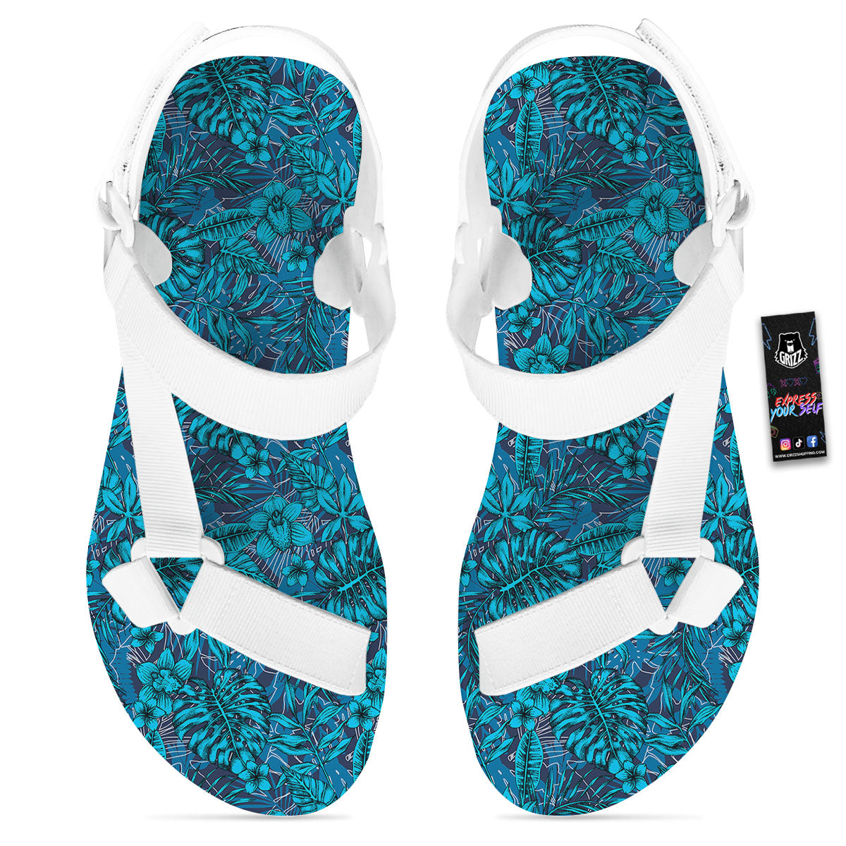 Tropical Blue Hawaiian Print Pattern White Open Toe Sandals-grizzshop