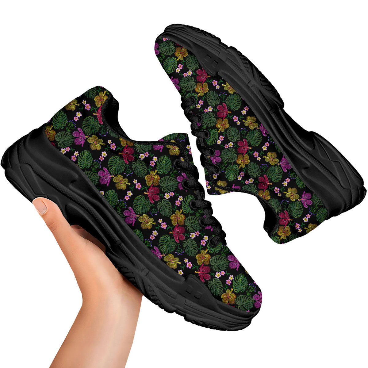 Tropical Embroidery Print Pattern Black Chunky Shoes-grizzshop