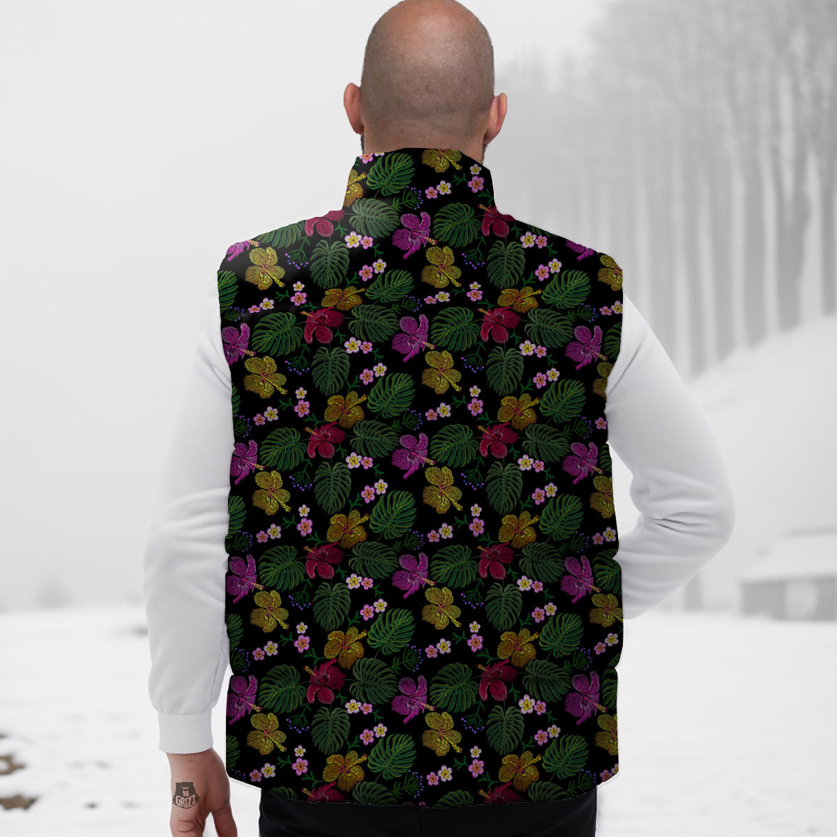 Tropical Embroidery Print Pattern Down Vest-grizzshop