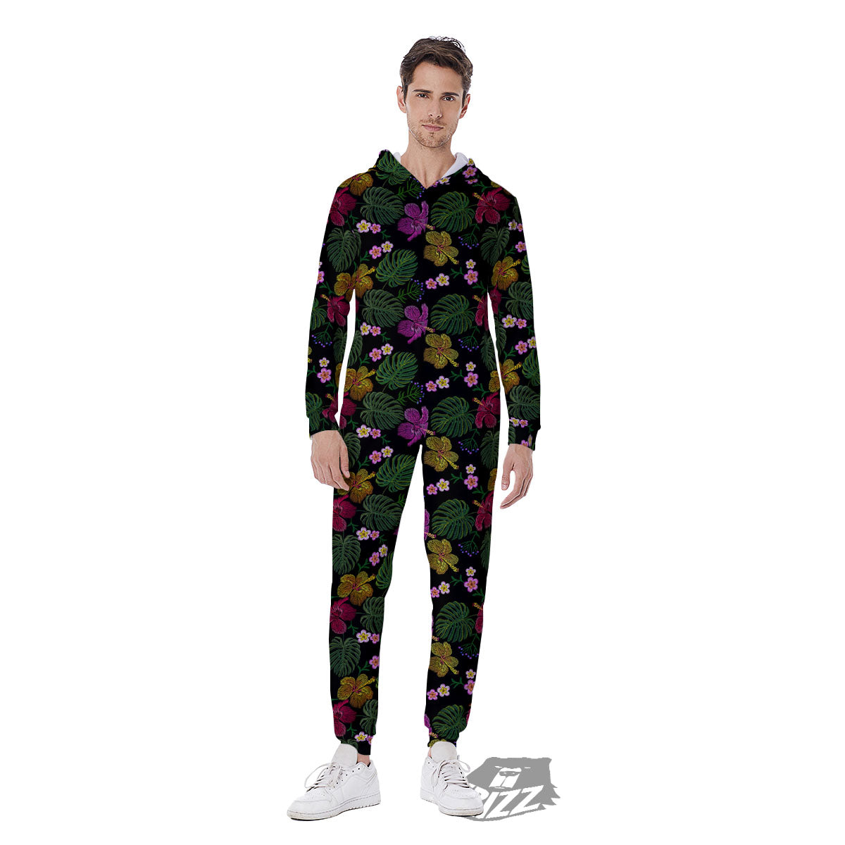 Tropical Embroidery Print Pattern Men's Jumpsuit-grizzshop