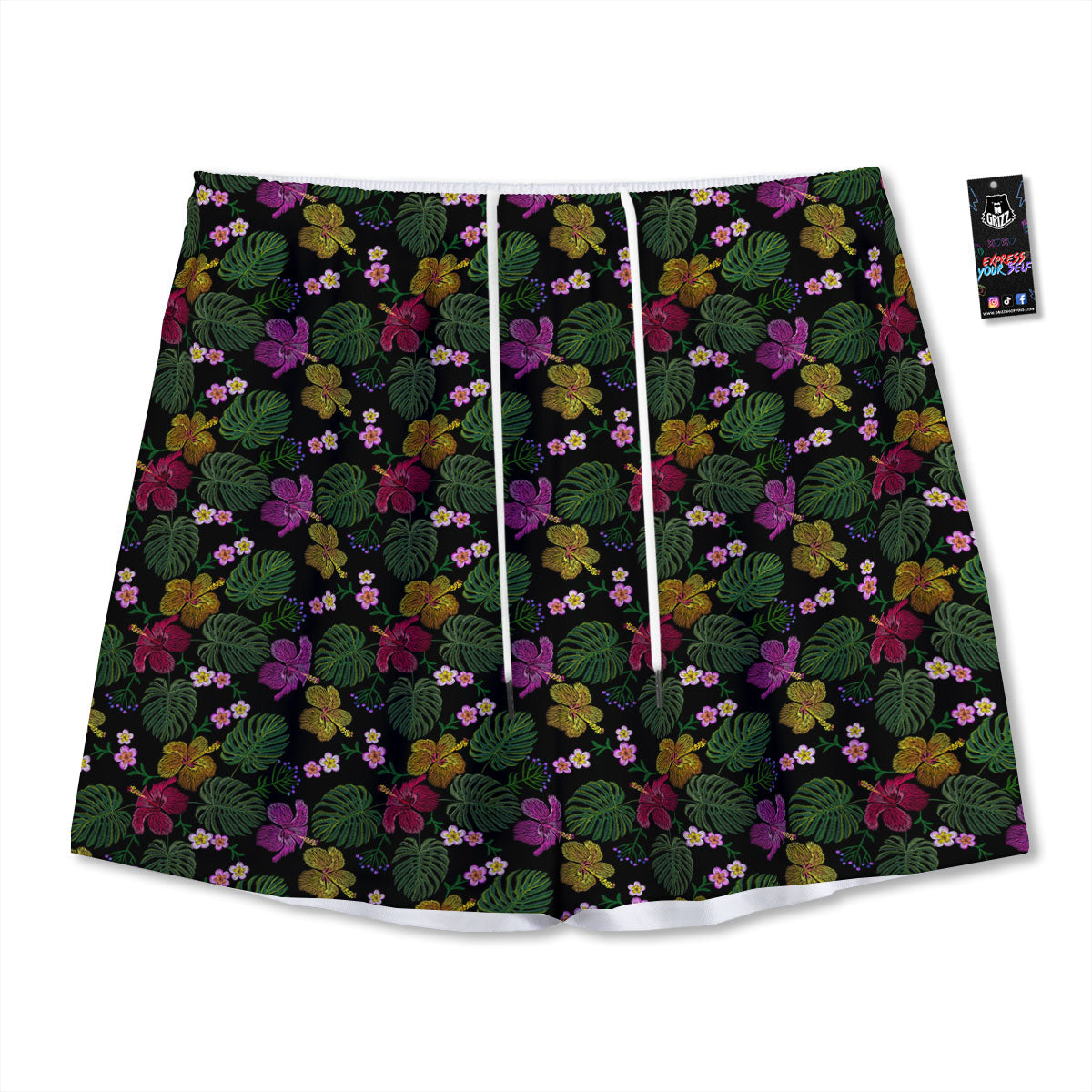 Tropical Embroidery Print Pattern Mesh Shorts-grizzshop