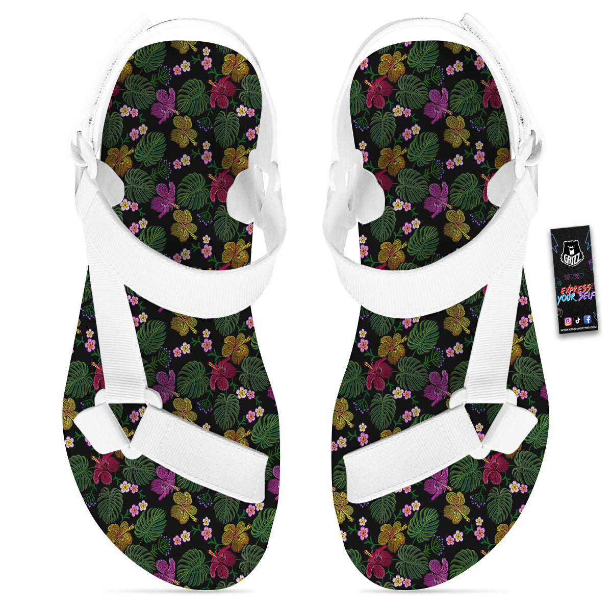 Tropical Embroidery Print Pattern White Open Toe Sandals-grizzshop