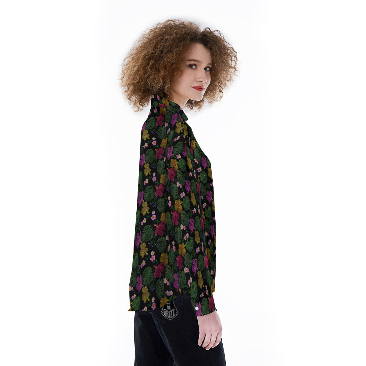 Tropical Embroidery Print Pattern Women's Long Sleeve Shirts-grizzshop