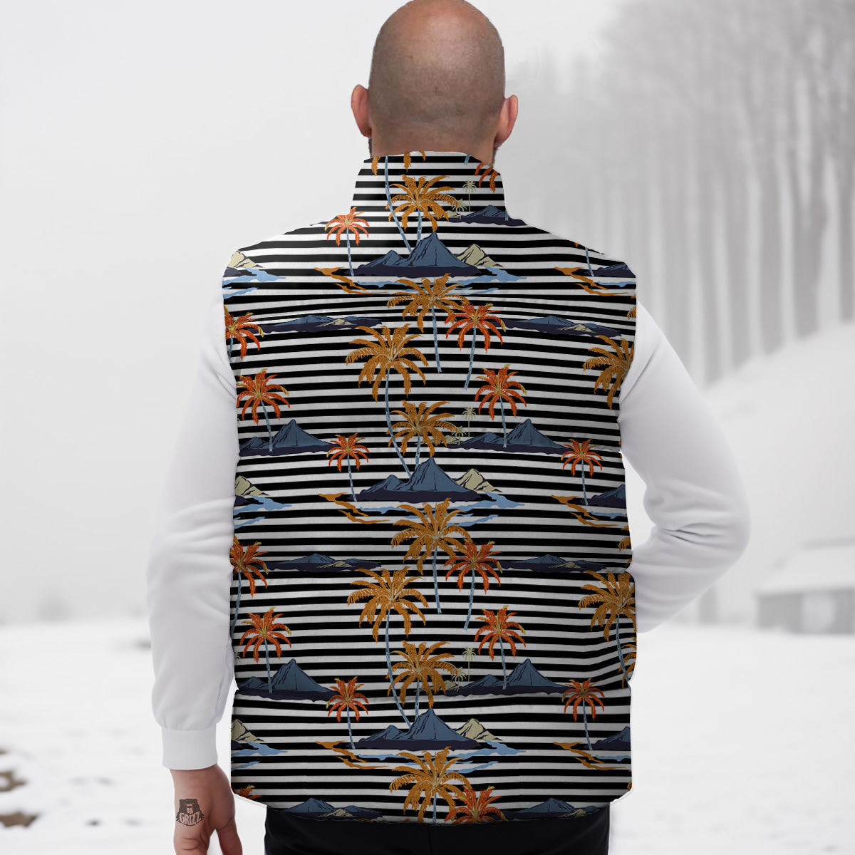 Tropical Island And Stripes Print Pattern Down Vest
