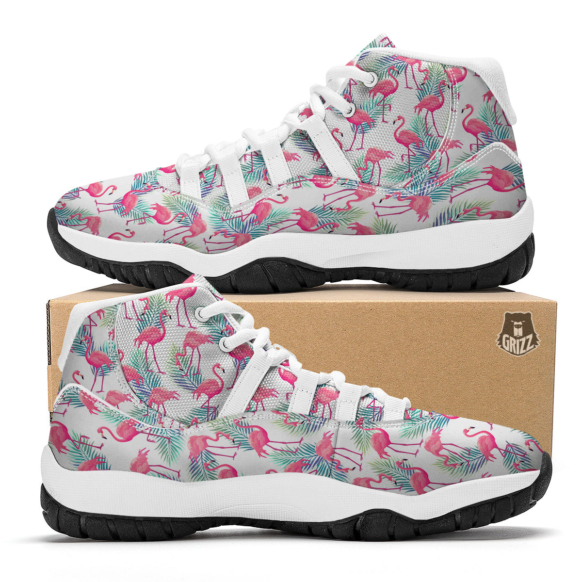 Tropical Flamingo Palm Leaf White Bball Shoes-grizzshop