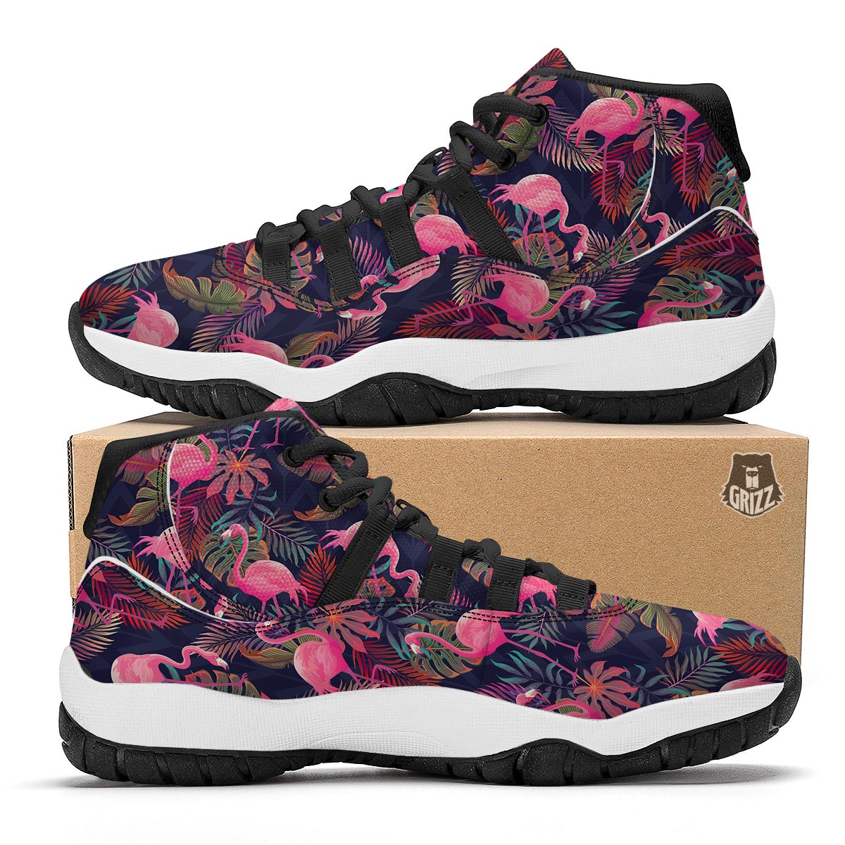 Tropical Flamingo Palm Leaves Hawaiian Floral Pattern Print Black Bball Shoes-grizzshop