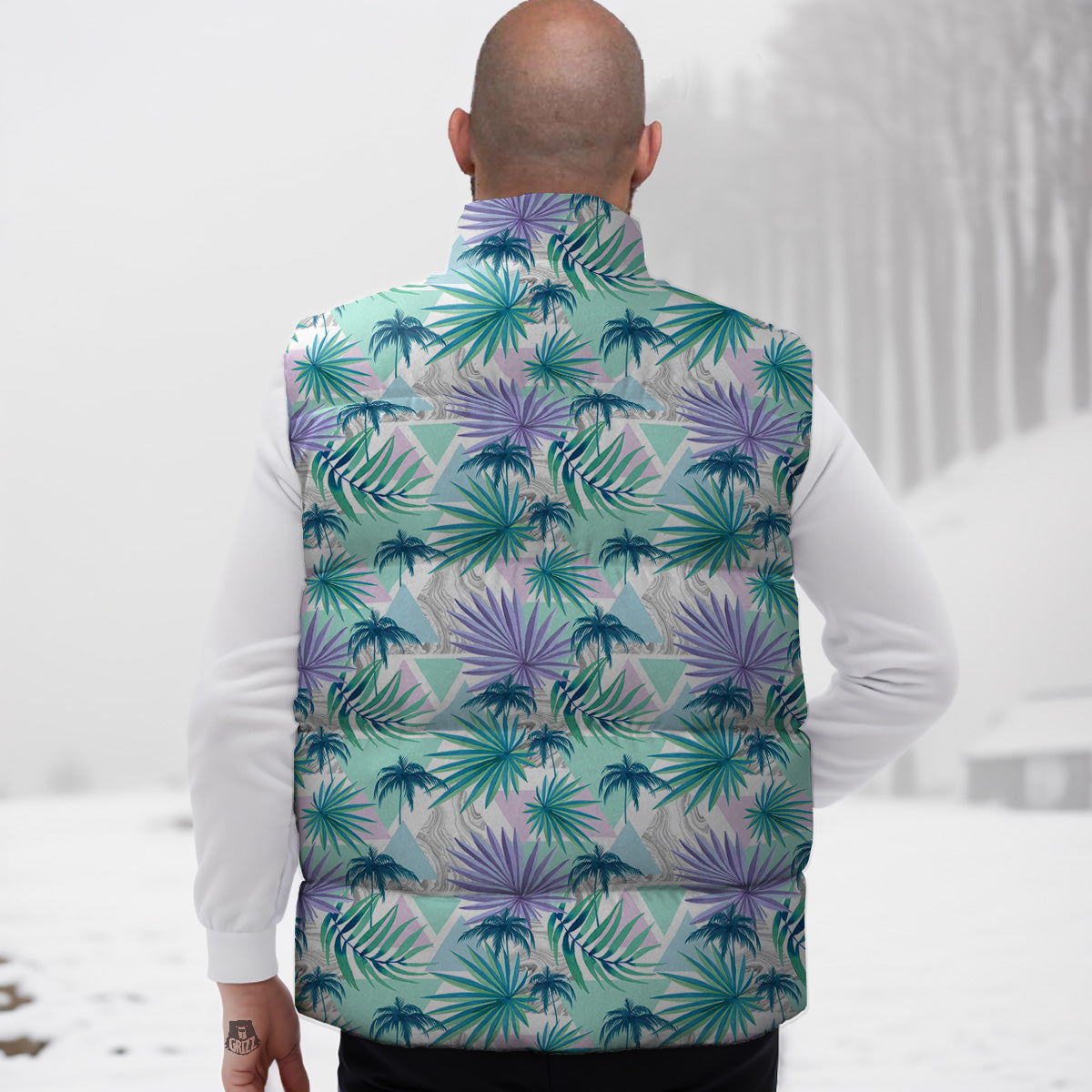 Tropical Leaf And Triangles Pastel Print Pattern Down Vest