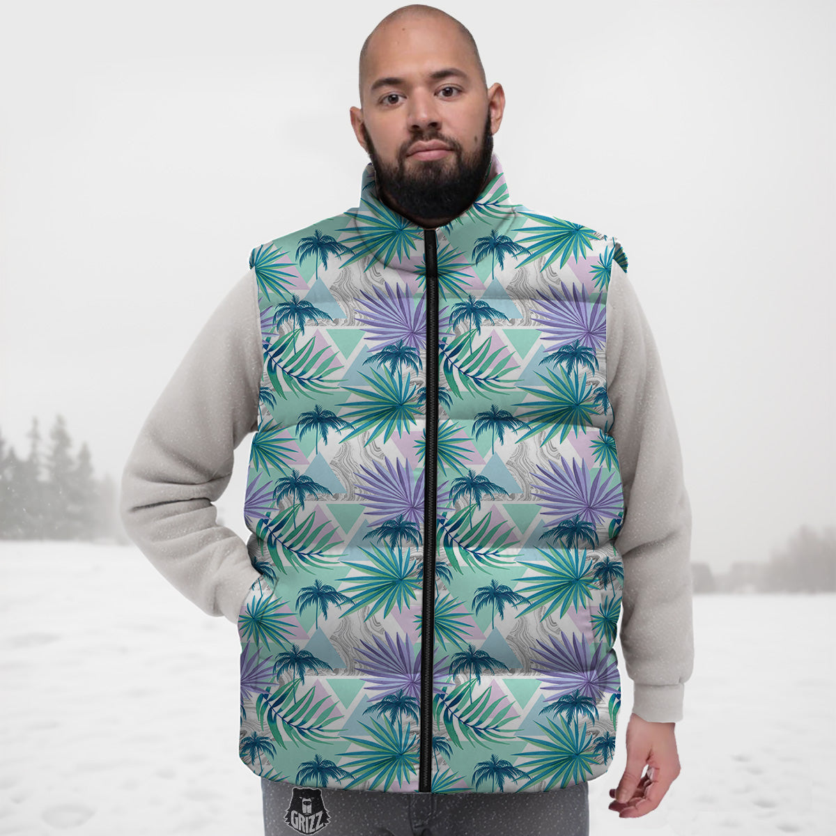 Tropical Leaf And Triangles Pastel Print Pattern Down Vest