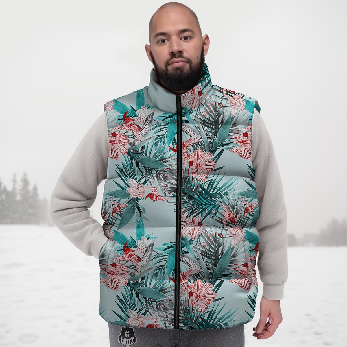Tropical Floral Pink And Teal Print Pattern Down Vest-grizzshop