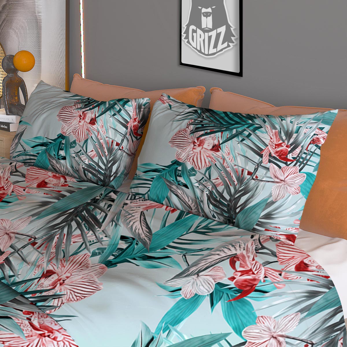 Tropical Floral Pink And Teal Print Pattern Duvet Cover Bedding Set