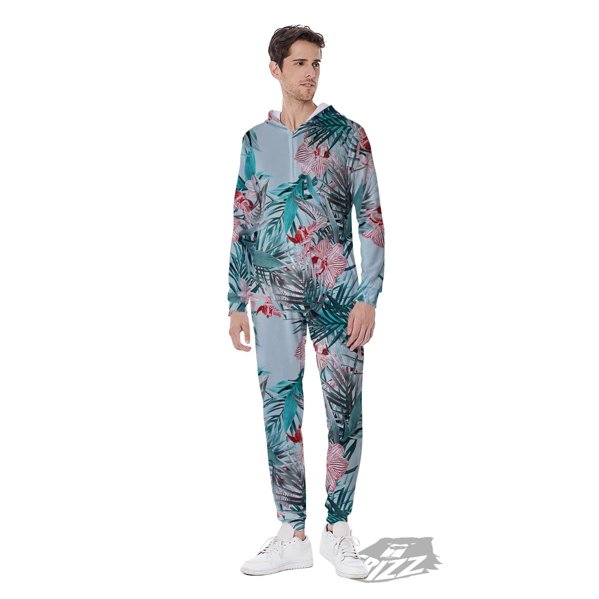 Tropical Floral Pink And Teal Print Pattern Men's Jumpsuit-grizzshop
