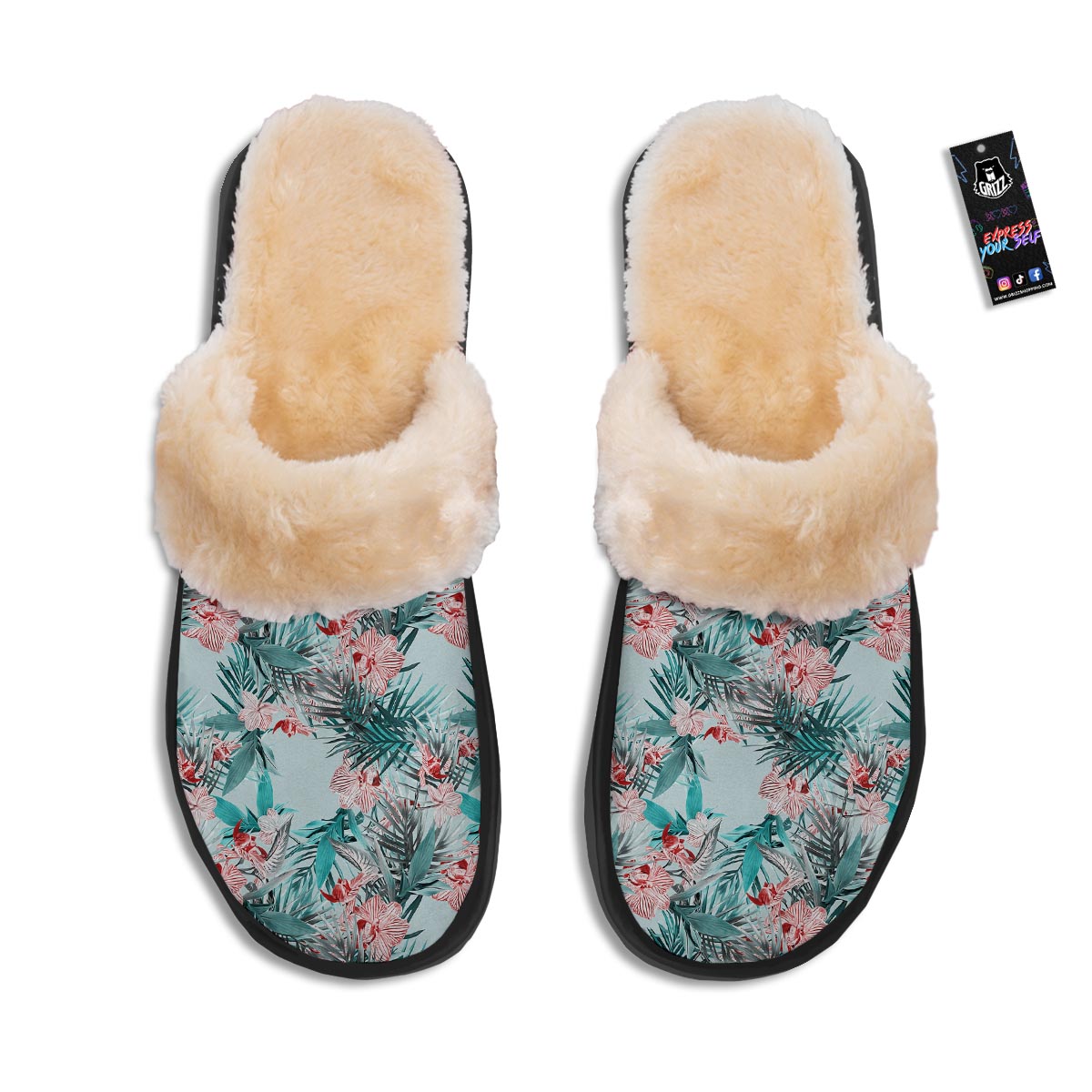 Tropical Floral Pink And Teal Print Pattern Slippers-grizzshop